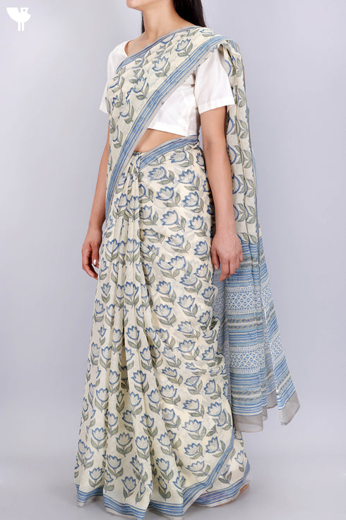 Kota Doria Saree In Floral Block Print